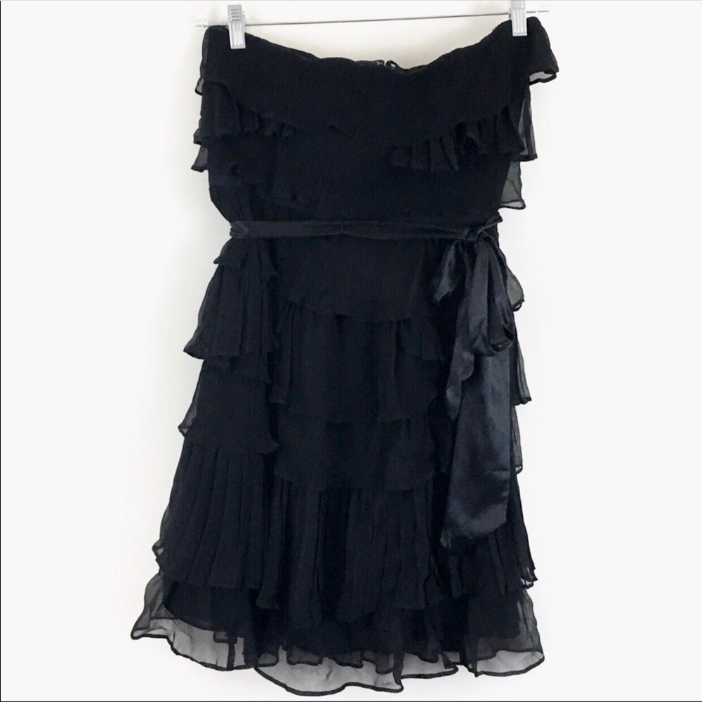 J Crew Black Cascade Ruffle Silk Strapless Dress 6